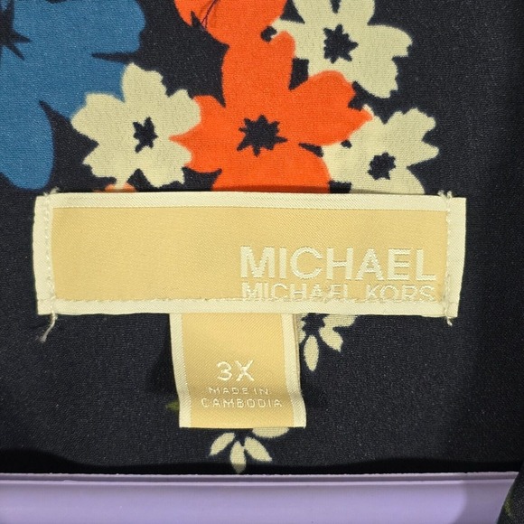 Michael Kors Blouse Womens 3X Blue Floral Zip Front Roll Tab Sleeve Office - Picture 6 of 12